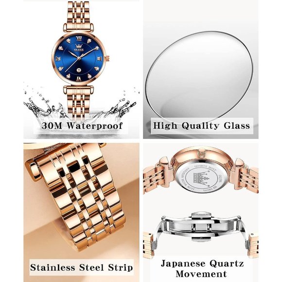 Women Rose Gold Stainless Steel Band Blue Dial Quartz Small Face Watch main image 4